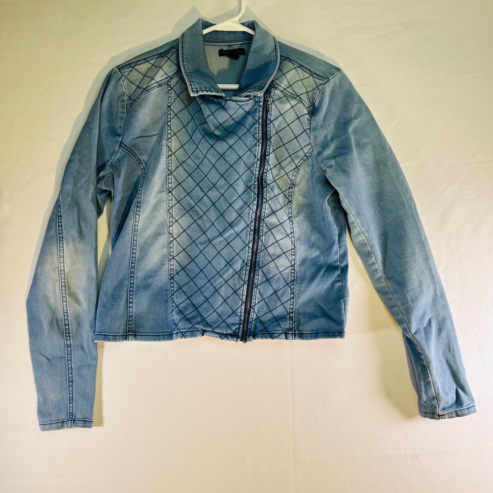 Material Girl Blue Faded MOTO Zip Denim Quilted‎ Pattern Jacket Womens Large